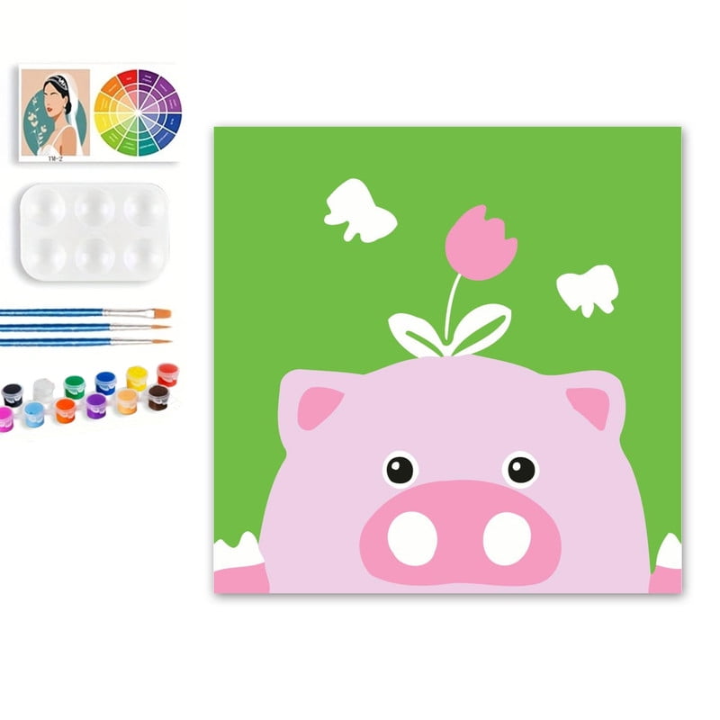 Paint by Numbers Set for Adult Beginners, 8x8 Inch DIY Oil Paint by Numbers for Kids with Frame for Home Decoration (Cartoon Pig)