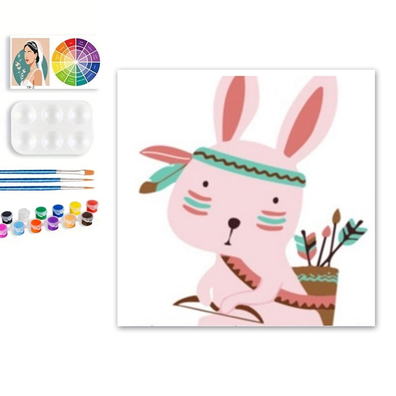 Paint by Numbers Set for Adult Beginners, 8x8 Inch DIY Oil Paint by Numbers for Kids with Frame for Home Decoration (Cartoon Rabbit)