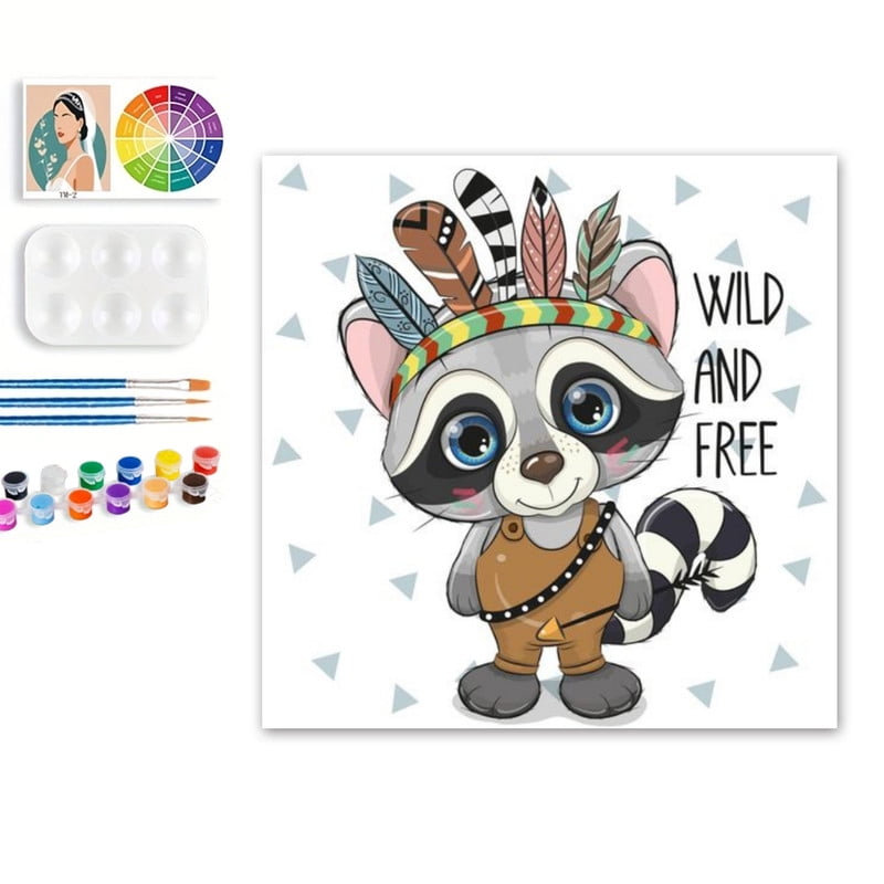 Paint by Numbers Set for Adult Beginners, 8x8 Inch DIY Oil Paint by Numbers for Kids with Frame for Home Decoration (Cartoon Raccoon)