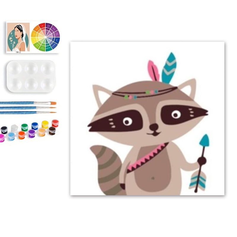Paint by Numbers Set for Adult Beginners, 8x8 Inch DIY Oil Paint by Numbers for Kids with Frame for Home Decoration (Cartoon Raccoon)