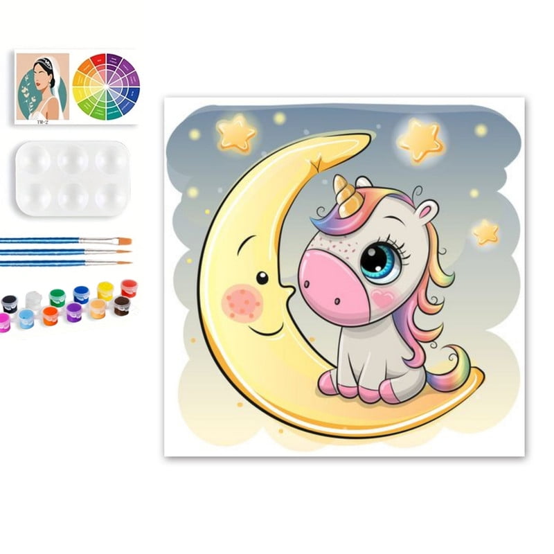 Paint by Numbers Set for Adult Beginners, 8x8 Inch DIY Oil Paint by Numbers for Kids with Frame for Home Decoration (Cartoon Unicorn)