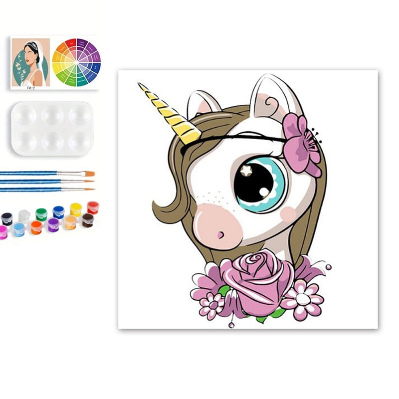 Paint by Numbers Set for Adult Beginners, 8x8 Inch DIY Oil Paint by Numbers for Kids with Frame for Home Decoration (Cartoon Unicorn)