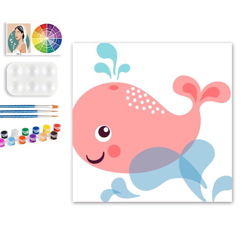Paint by Numbers Set for Adult Beginners, 8x8 Inch DIY Oil Paint by Numbers for Kids with Frame for Home Decoration (Cartoon Whale)