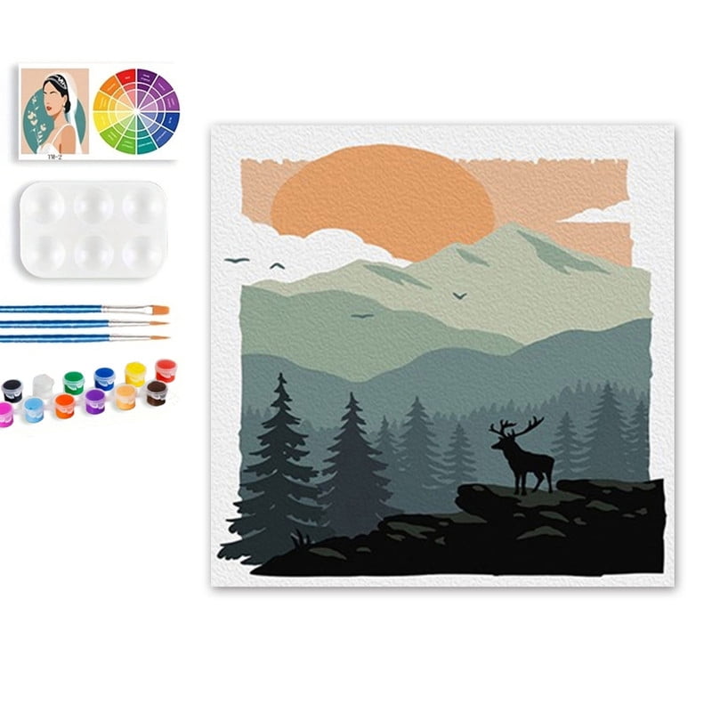 Paint by Numbers Set for Adult Beginners, 8x8 Inch DIY Oil Paint by Numbers for Kids with Frame for Home Decoration (Mountain Landscape)