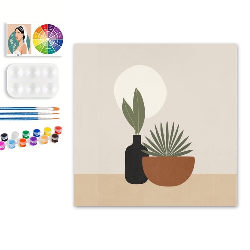 Paint by Numbers Set for Adult Beginners, 8x8 Inch DIY Oil Paint by Numbers for Kids with Frame for Home Decoration (Potted Plant)