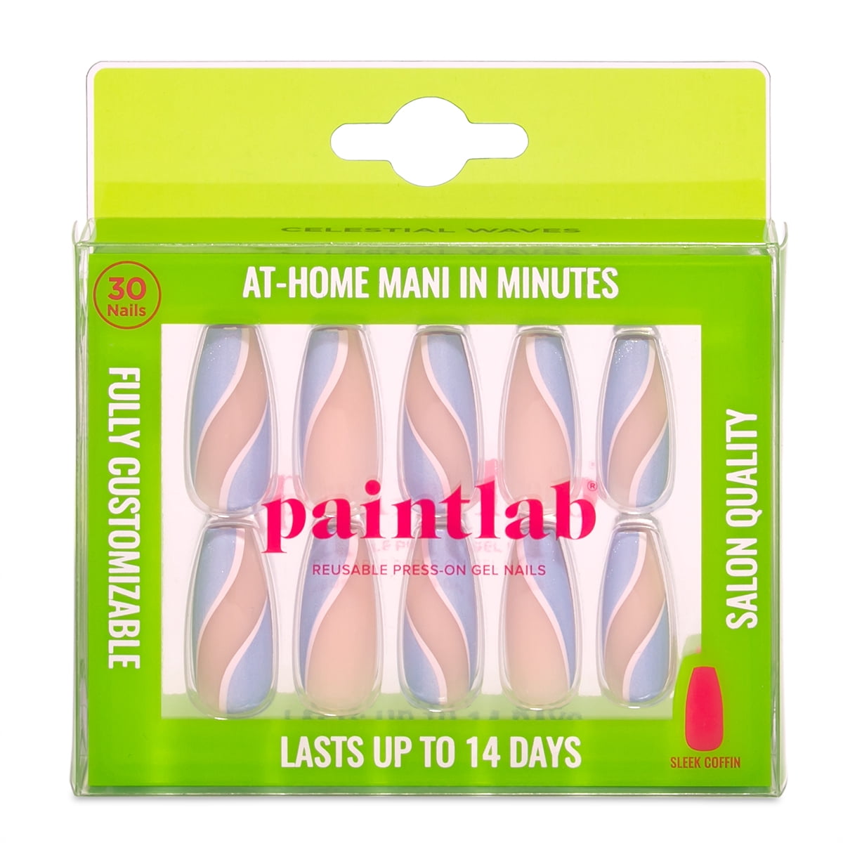 PaintLab Long Sleek Coffin Press On Nails, Celestial Waves, 30 Count