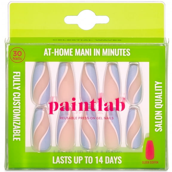 PaintLab Long Sleek Coffin Press on False Nails, Celestial Waves, 30 Count