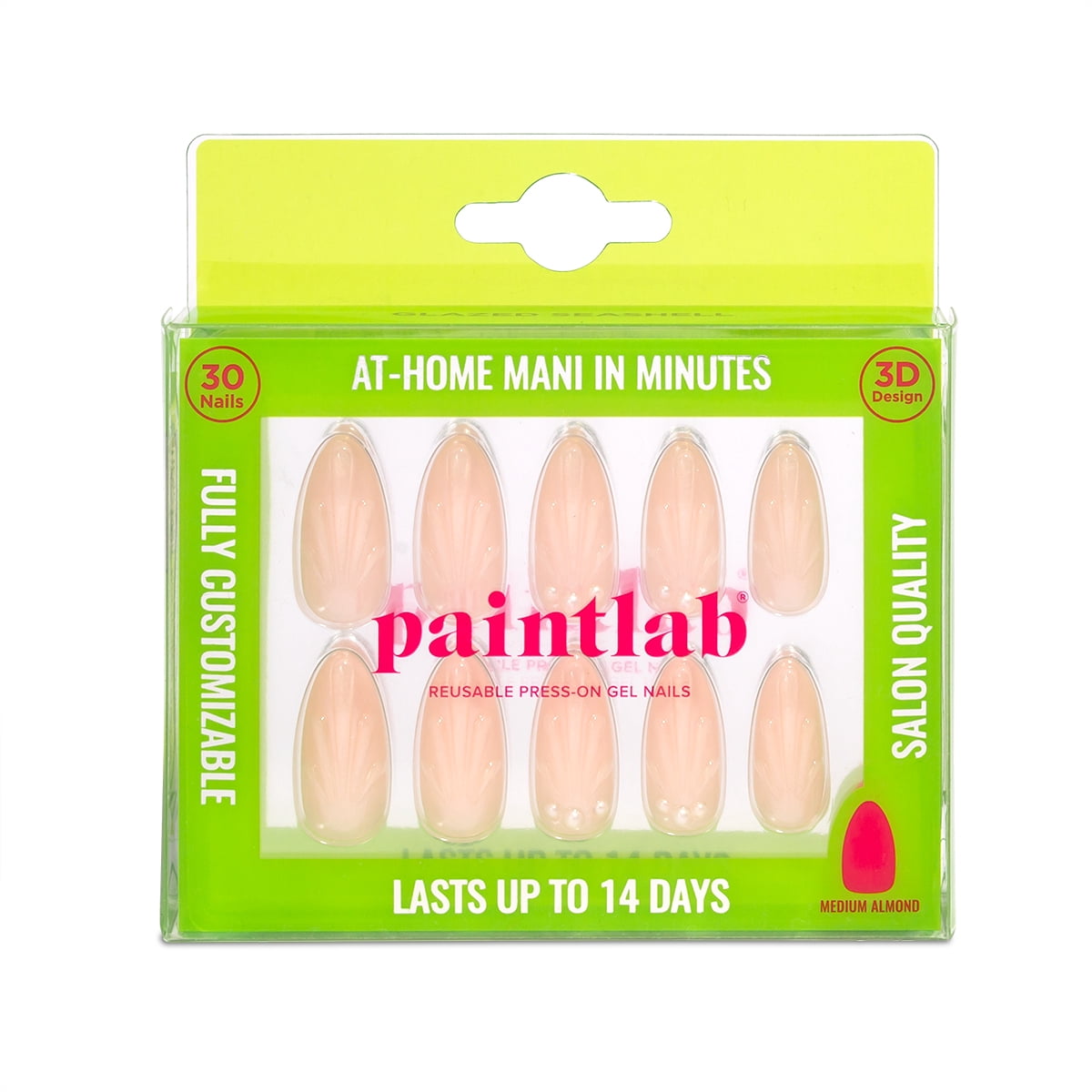 PaintLab Medium Almond Press On Nails 3D, Glazed Seashell, Nude, 30 Count