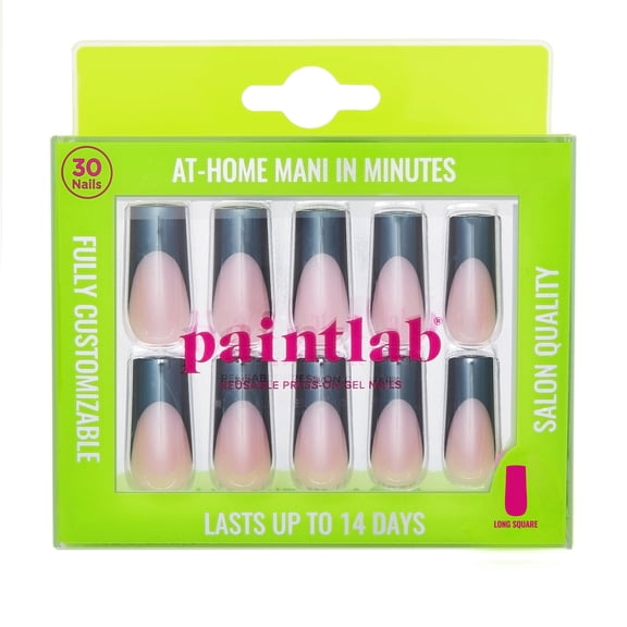 PaintLab Long Square Shape Press-On Nails, Noir Chrome, Black French Tip, 30 Count