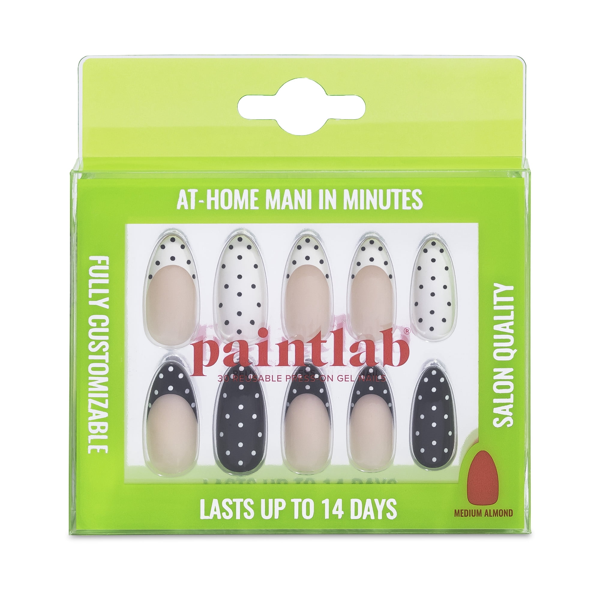 PaintLab Medium Almond Press On Nails, Black White Polka Dot, 30 Count