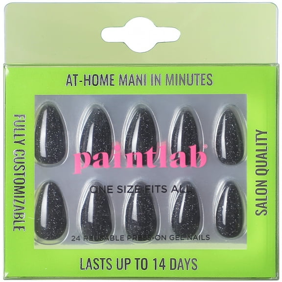 PaintLab Short Almond Press on False Nails, Night Crawler, Black, 30 Count