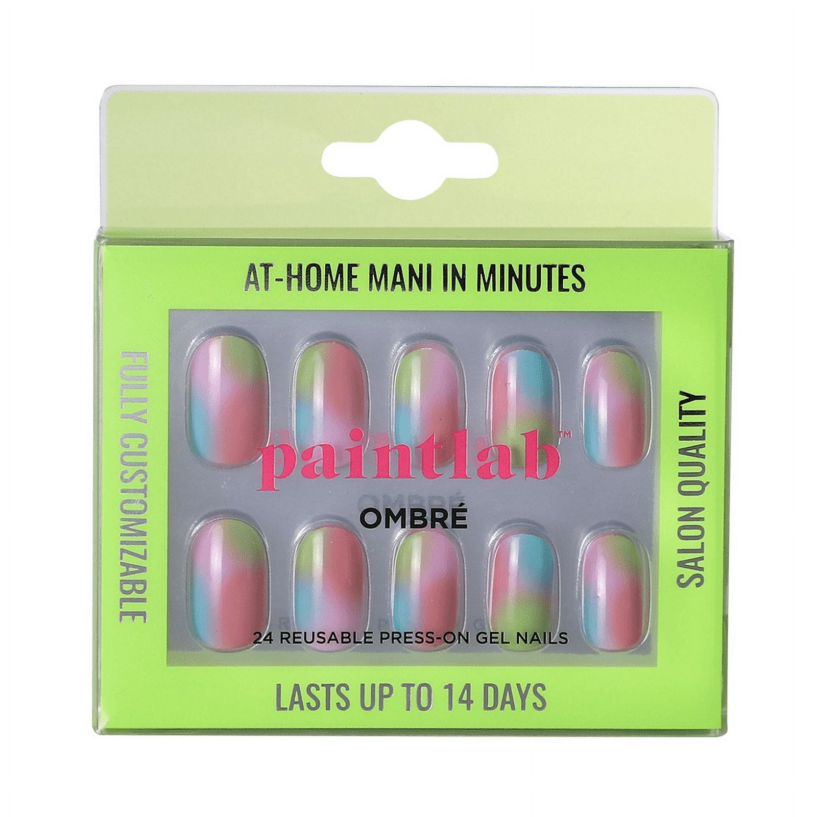 PaintLab Ombre Reusable PressOn Gel Nails Kit, Rainbow, 24 Count