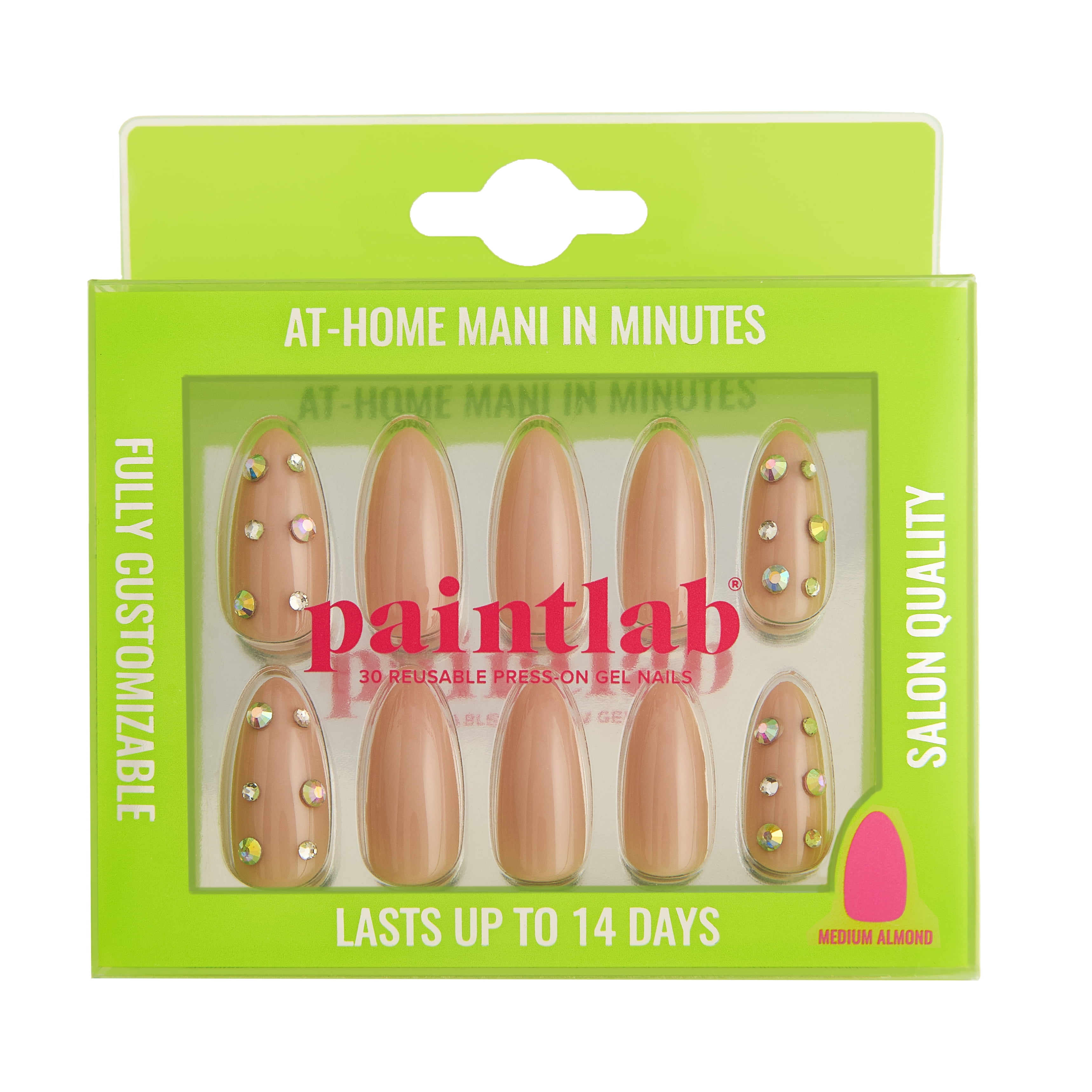 PaintLab Medium Almond Press On Nails 3D, Nude Diamonds, 30 Count