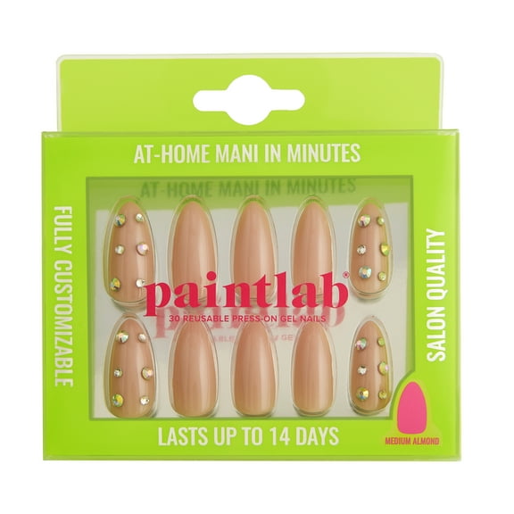 PaintLab Medium Almond Press on False Nails 3D, Nude Diamonds, 30 Count