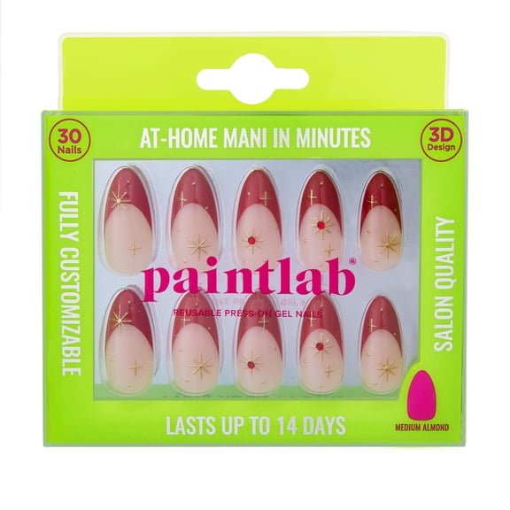 PaintLab Short Almond Press On Nails 3D, Red Celestial, 30 Count