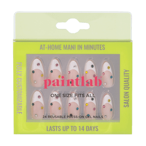 PaintLab Medium Almond Press On Nails 3D, Bejeweled, White French Tip, 30 Count