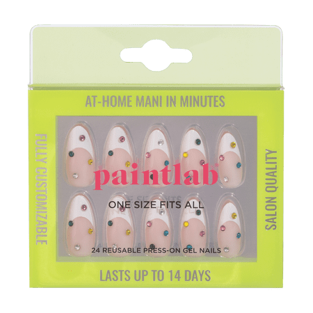 PaintLab Medium Almond Press On False Nails 3D, Bejeweled, White French Tip, 30 Count