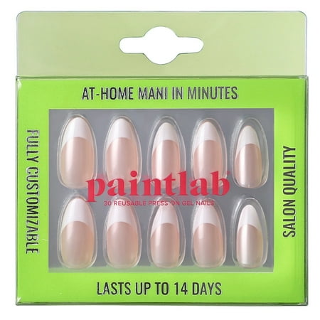 PaintLab Medium Almond Press on False Nails, French Chrome, White French Tip, 30 Count