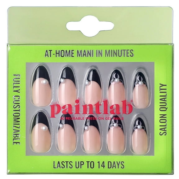 PaintLab Short Almond Press on False Nails 3D, Prima Ballerina, Black, 30 Count