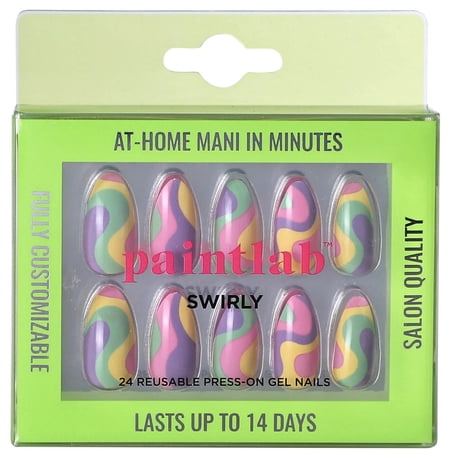 PaintLab Short Almond Press on False Nails, Swirly Tie Dye, 24 Count