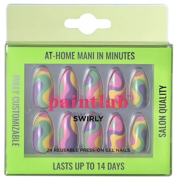 PaintLab Short Almond Press On False Nails, Swirly Tie Dye, 24 Count