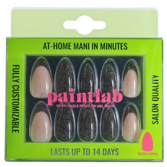 PaintLab Medium Almond Press on False Nails, Disco Ball, Black, 30 Count