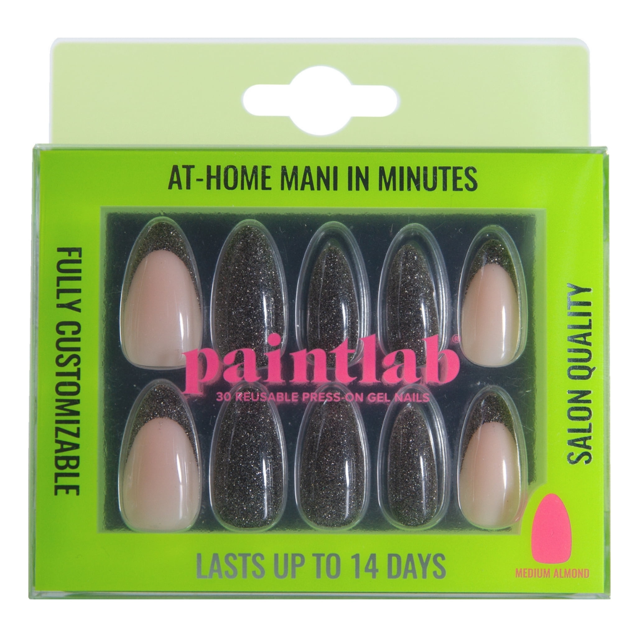 PaintLab Medium Almond Press On Nails, Disco Ball, Black, 30 Count