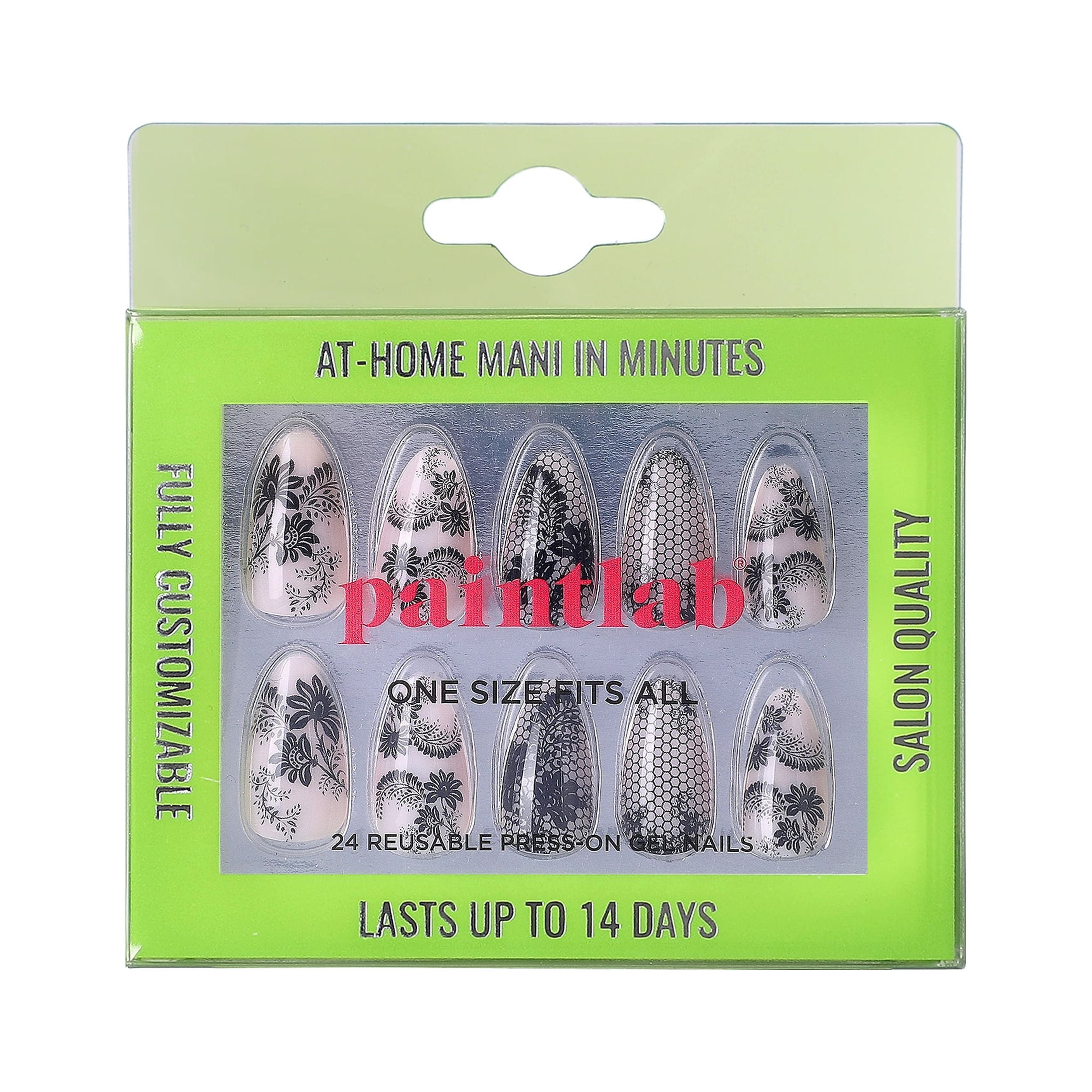 PaintLab Reusable Gel Press on Nails Kit, Almond Shape, Lacey Black, 30
