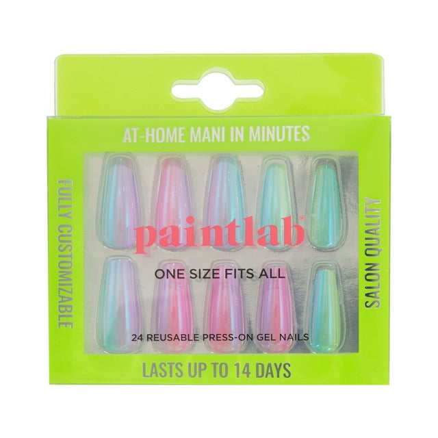 PaintLab Reusable Gel Press on Nails Kit, Sleek Coffin Shape, Check You Out Metallic Rainbow, 30