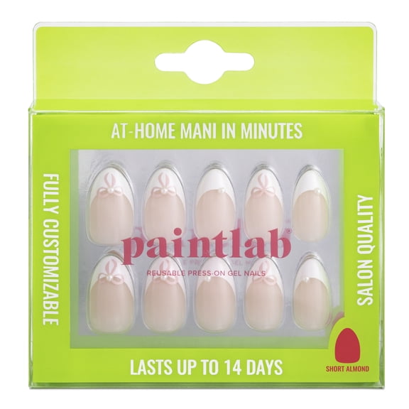 PaintLab Short Almond Press on Nails 3D, Belle Bows, White French Tip, 30 Count