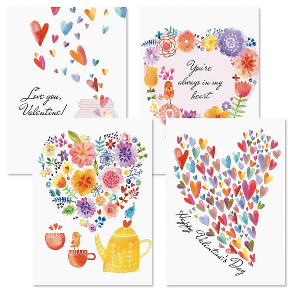 Paintbox Valentine Cards - Set of 8 (4 designs), Large 5 by 7 Inch Valentine's Day Card Assortment