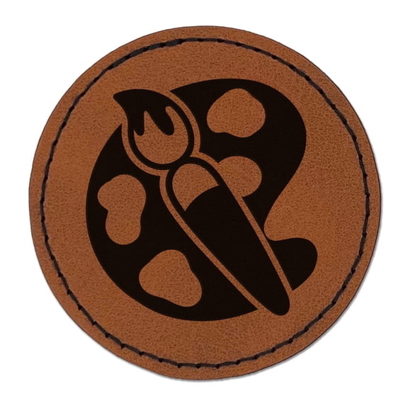Paintbrush Artist Paint Palette Art 2.5" Faux Leather Round Engraved Iron-On Patch - Brown