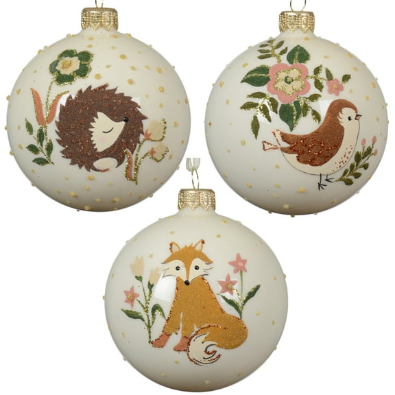 Painted Animals Blown Glass Ornaments European Mouth-Blown White Glass Balls Set of 3 Fox, Hedgehog, and Bird