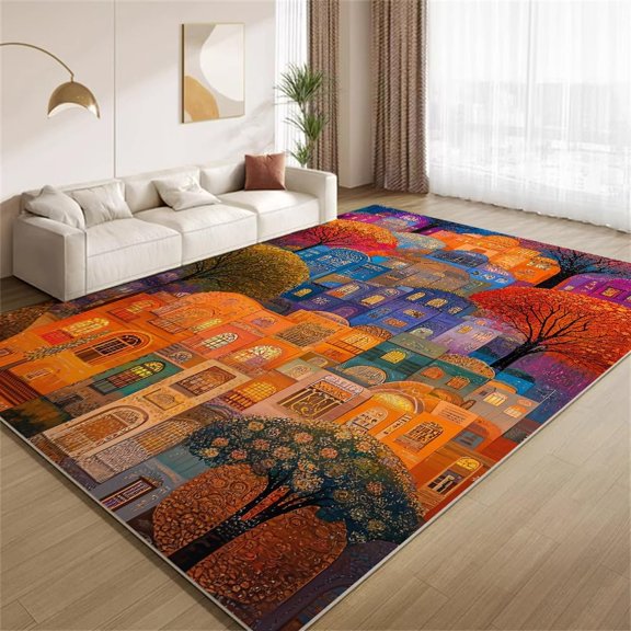Painted Art Rug 2x3ft Small Area Rugs Retro Oil Painting Town Buildings Rugs Non Slip Low Pile Indoor Washable Carpet for Living Room Farmhouse Bedroom Apartment Home Decor Floor Mats