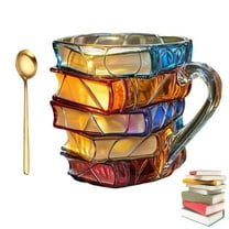 Painted Book Mug - 3D Stacked Books Coffee Cup, Unique Books Stack Coffee Cup,Hand-Painted Novelty Book Lover Gift for Teachers （1 Pack)