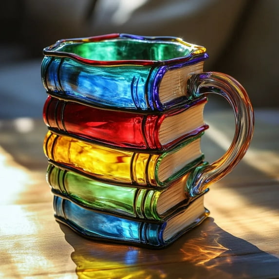 Painted Book Mug, Novelty 3d Painted Books Coffee Mug, Colorful Acrylic Books Stack Shaped Coffee Cup Gifts for Book Lovers Readers Librarians Writers