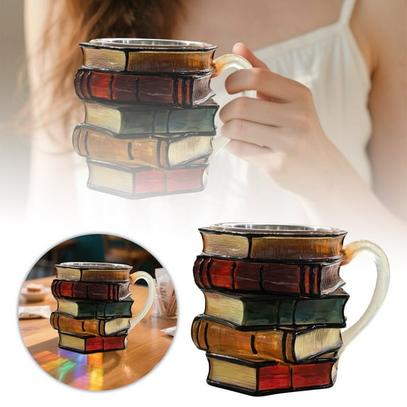 Painted Book Mug Novelty Coffee Mugs,11 Oz Handcrafted Painted Book Mug, Novelty Stained Glass Stacked Books Coffee Cup, For Readers Literature Lovers