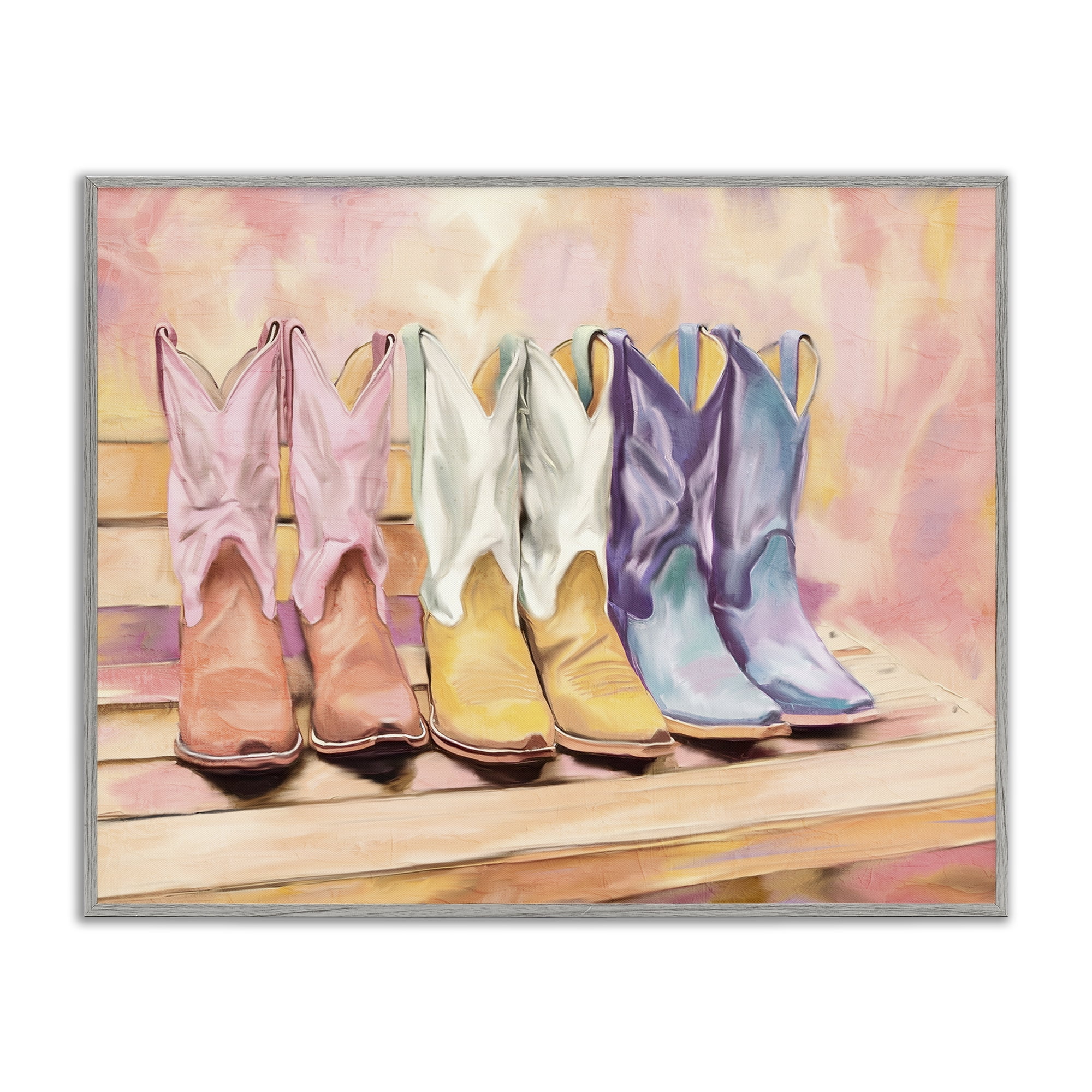 Painted Boots Trio Gray Framed Giclee Art, design by Kim Allen