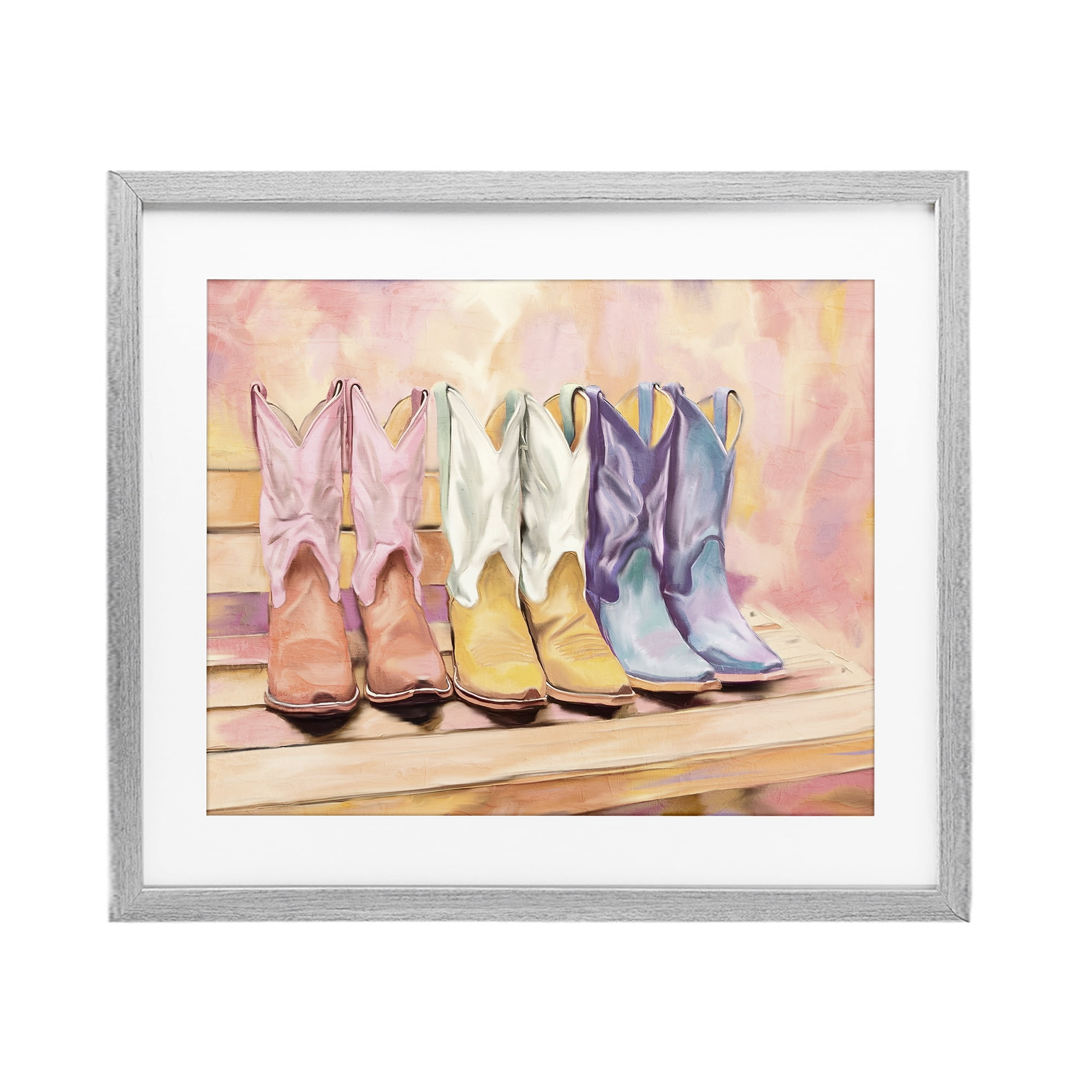 Painted Boots Trio Gray Framed Print Under Glass, design by Kim Allen