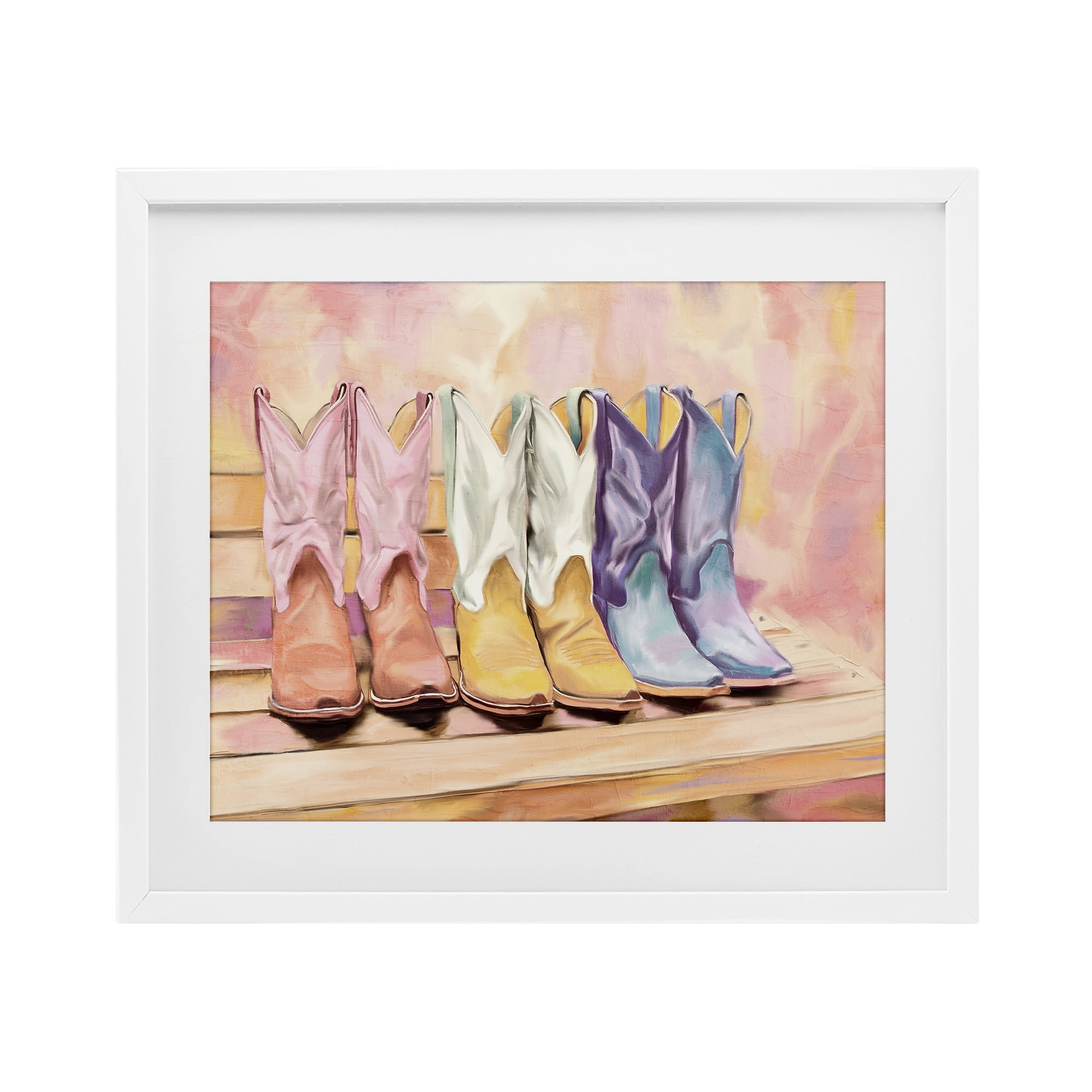 Painted Boots Trio White Framed Print Under Glass, design by Kim Allen