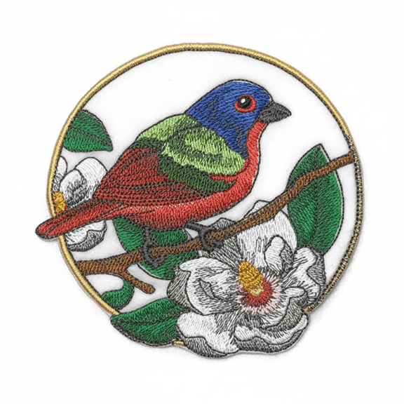 Painted Bunting & Magnolia Circle Embroidered Patch (5" x 5") Vibrant Southern Bird Iron-On or Sew-On Design, USA Made