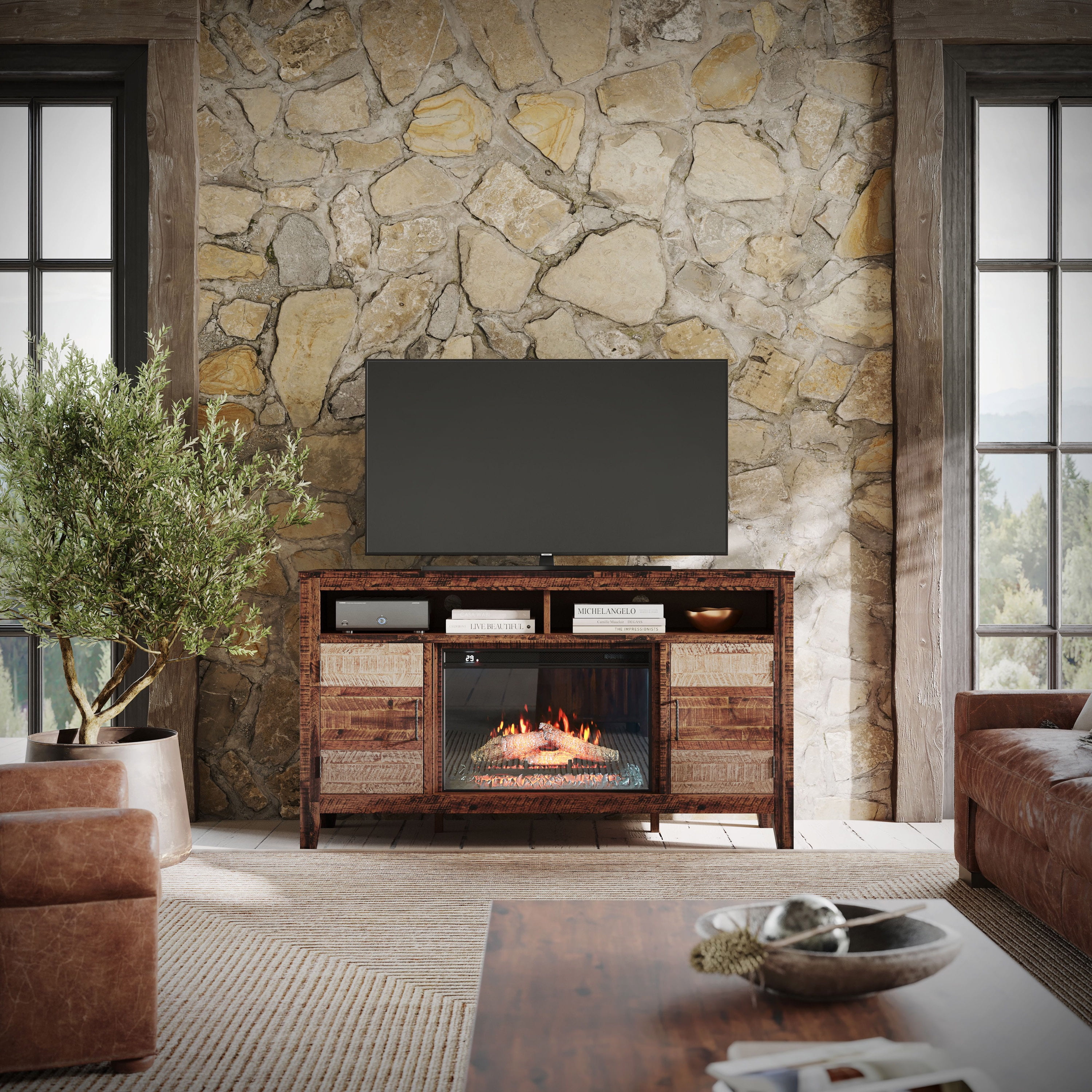 Rustic Brown Wood 60" TV Stand with Electric Fireplace