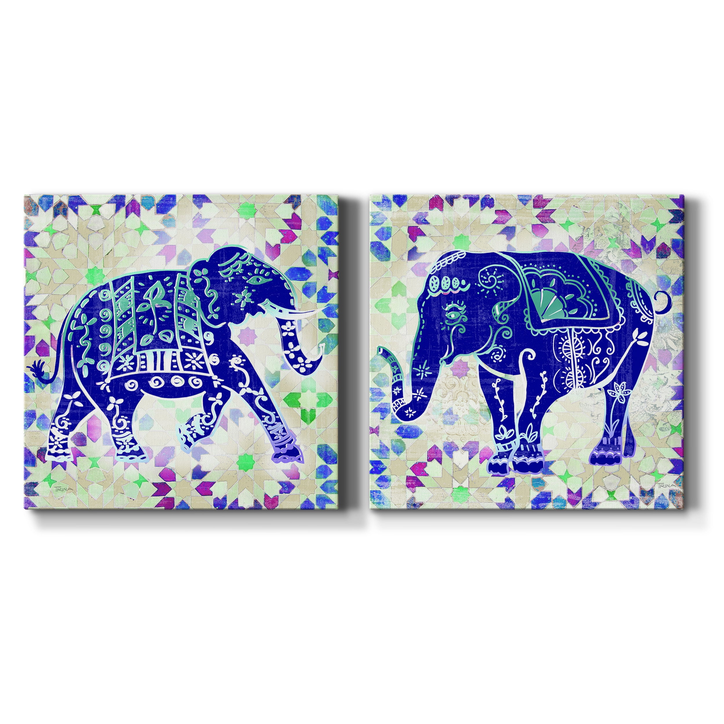 Painted Elephant I - Premium Gallery Wrapped Canvas - Ready to Hang Set of 2 - 16 x 16 Each