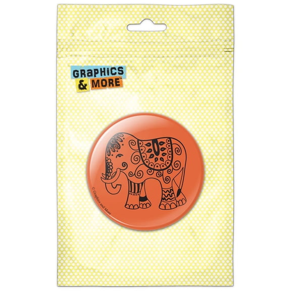 Painted Elephant Ornate India Orange Pinback Button Pin Badge