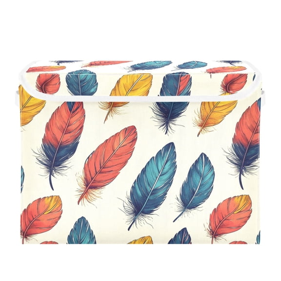 Painted Feathers Large Storage Bins with Linen Collapsible Lid Storage Box 16.7 x 12.6 x 11.8in