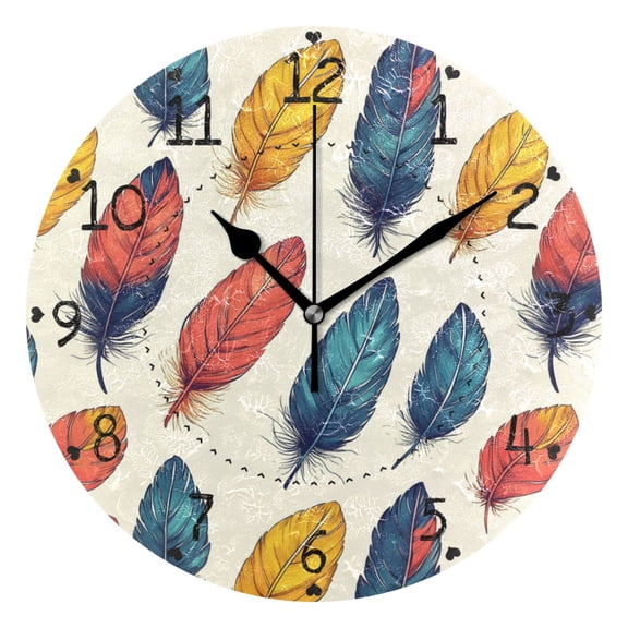 Painted Feathers Round Wall Clock Silent Battery Operated Home Decor for Living Room Bedroom