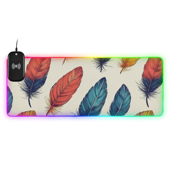 Painted Feathers Wireless Charging RGB Gaming Mouse Pad Large Keyboard Mat Rubber Base 13 Light Modes