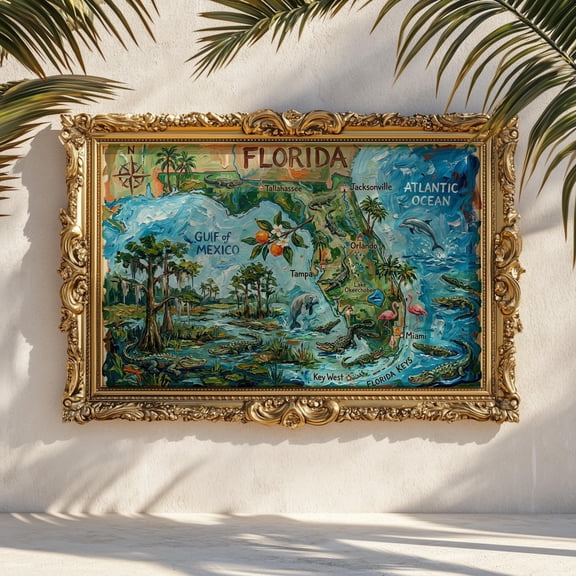 Painted Florida Map Wall Art Print Vintage Style Illustrated Map Keys Miami Art Home Decor Office Wall Art