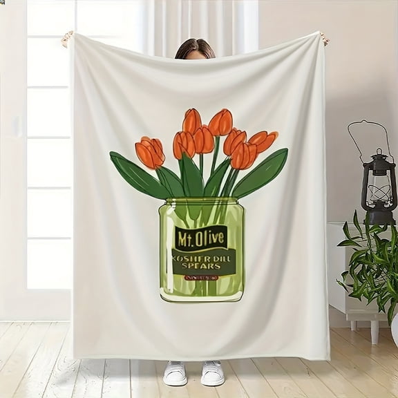 Painted Flower Mason Jar Flannel Throw Blanket for Bed, Sofa, Office, Car | All-Season Lightweight Travel & Camping Blanket, Machine Washable