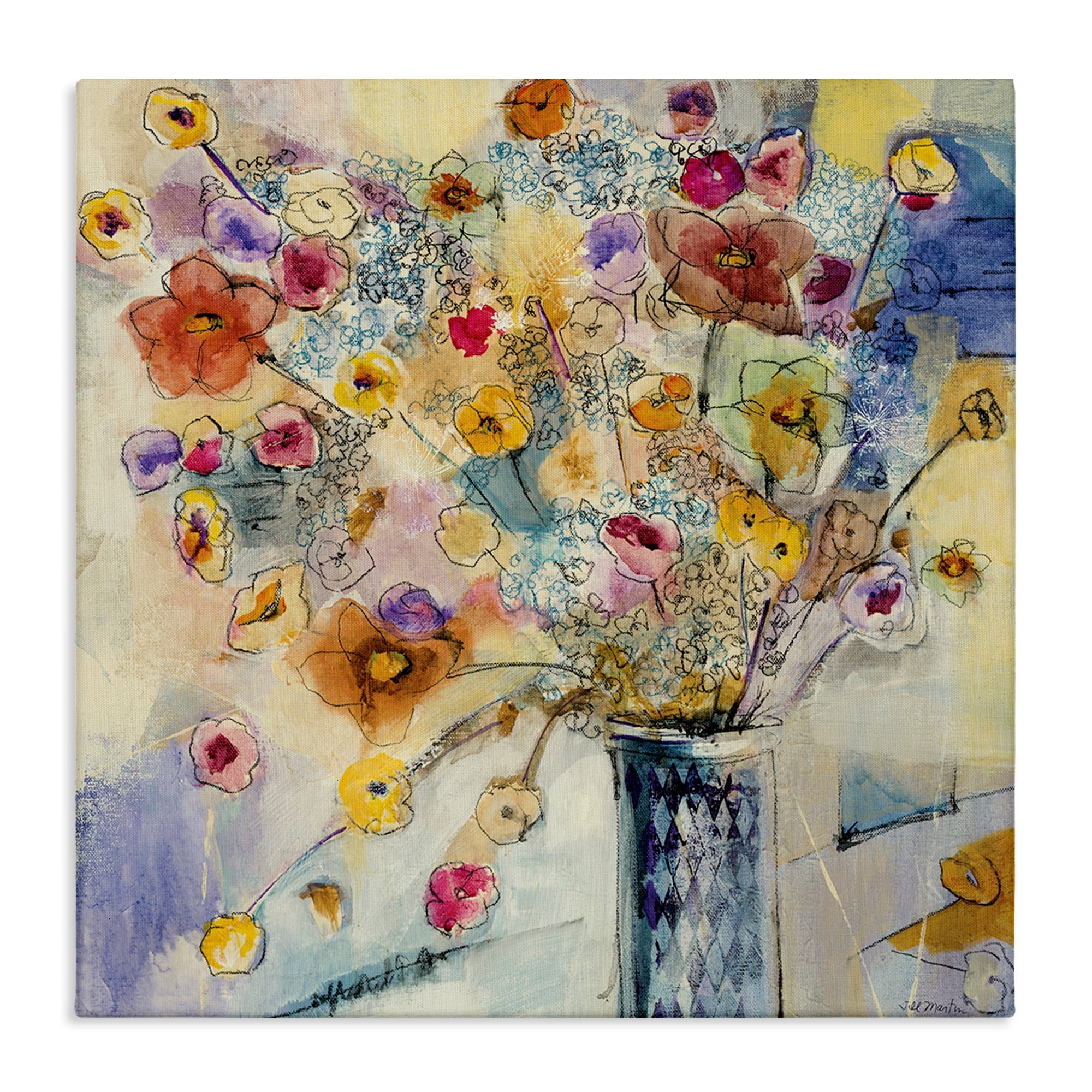 Colorful Abstract Floral Canvas Art with Wooden Frame, 18x18